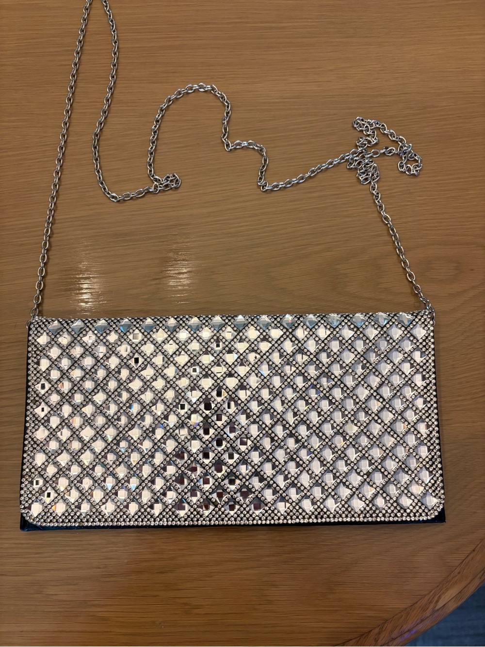 Silver Crystal-Embellished Evening Clutch with Chain Strap